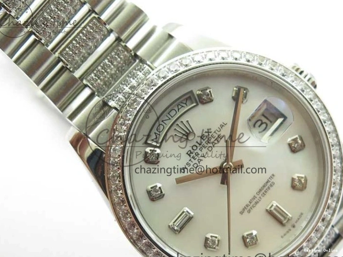 0516 Day-Date 36mm 128239 SS Crystal BP Best Edition White MOP Crystal Marker Dial on SS President Bracelet A MoistureWicking 2682